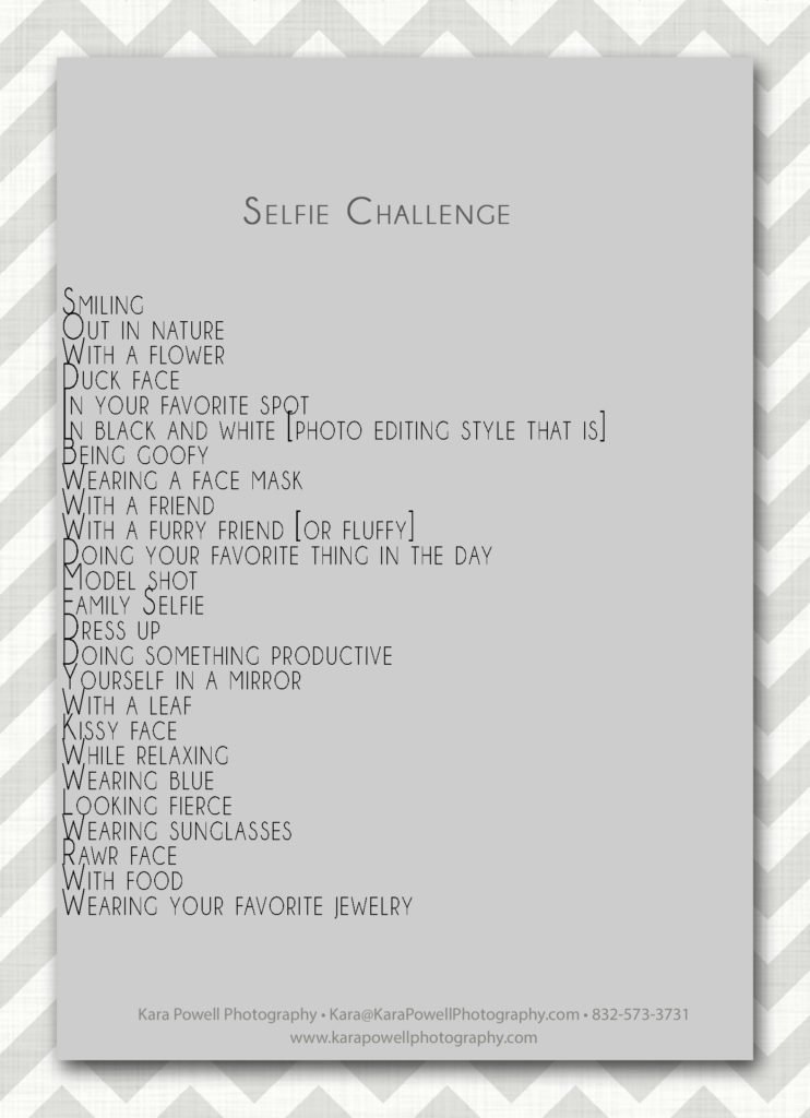 Screenshot of a list of items for a selfie challenge.