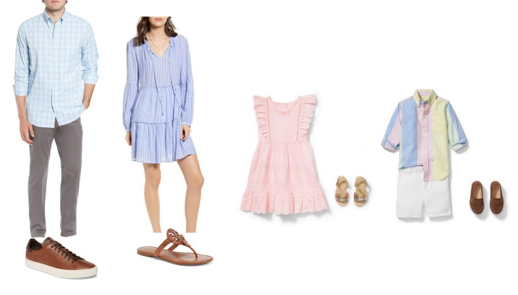 Screenshot depicting some suggestions for what to wear for a family photo session. The clothes depicted are pastel colors: blue, pink and green.