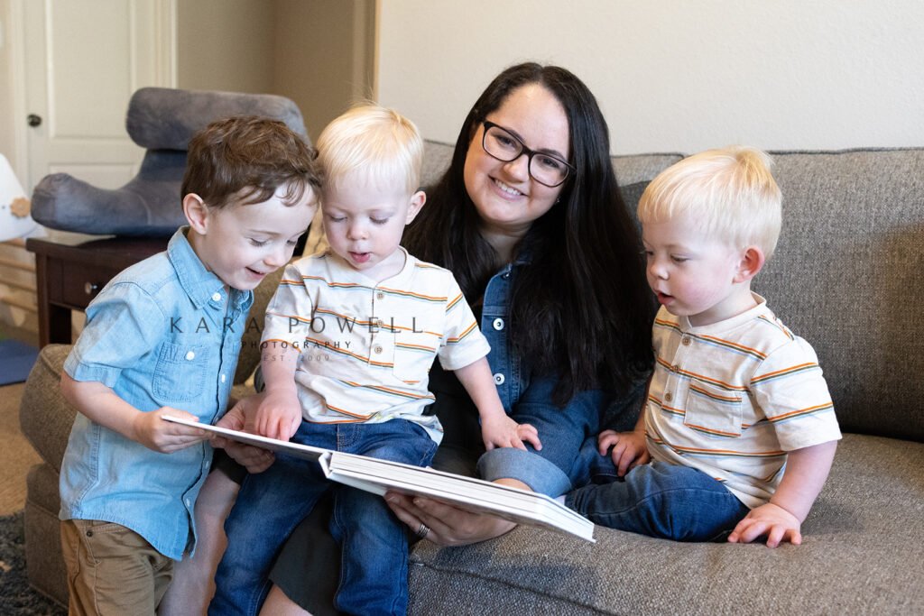 Mother with three sons in home session in Conroe TX