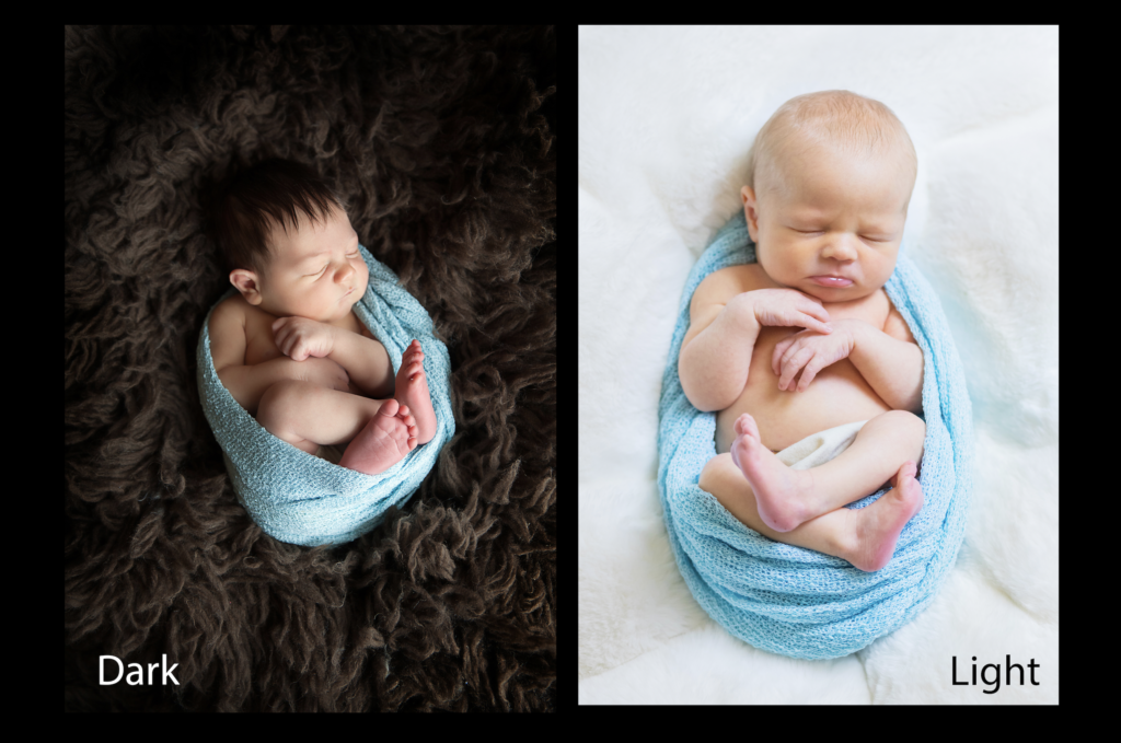 Side by side comparison of dark or light images in newborn sessions
