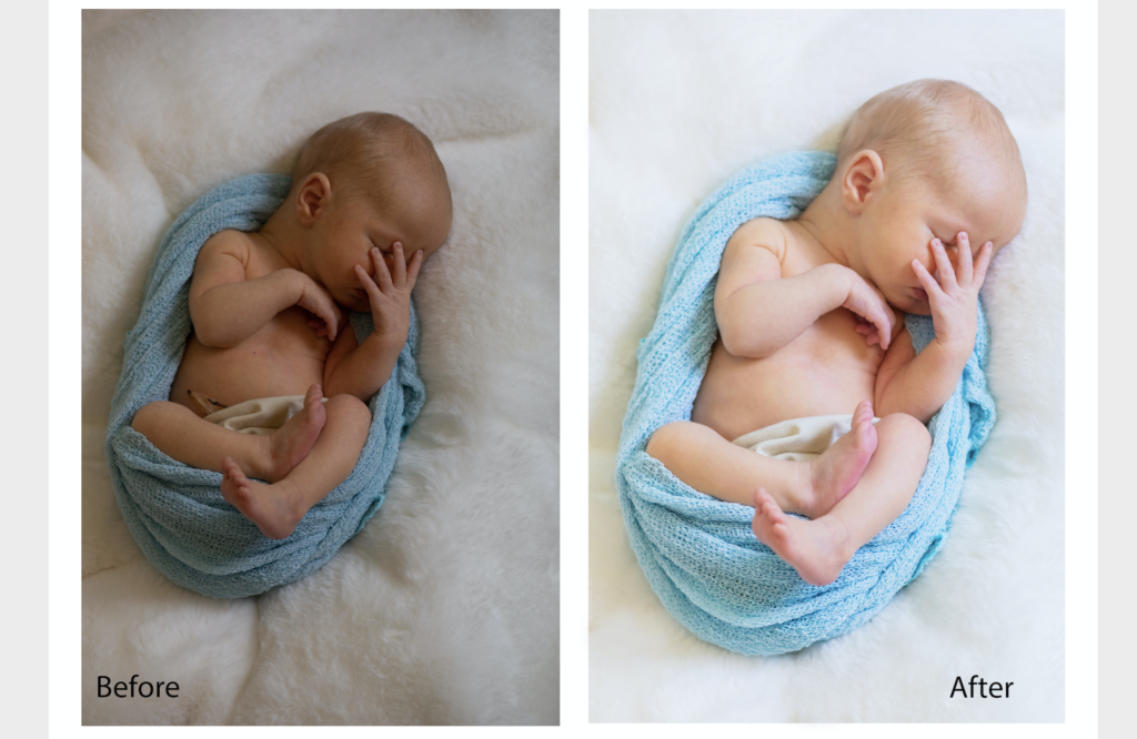 Side by side comparison of behind the scenes newborn editing