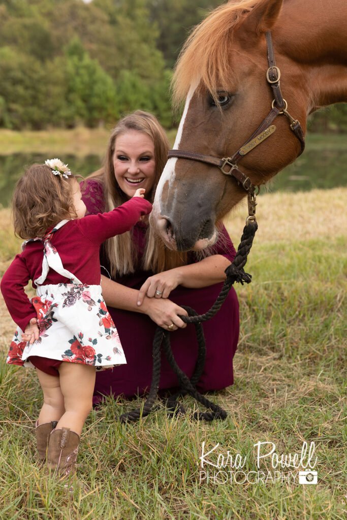 A little girl and her mother pet a brown horse during a horse photo session