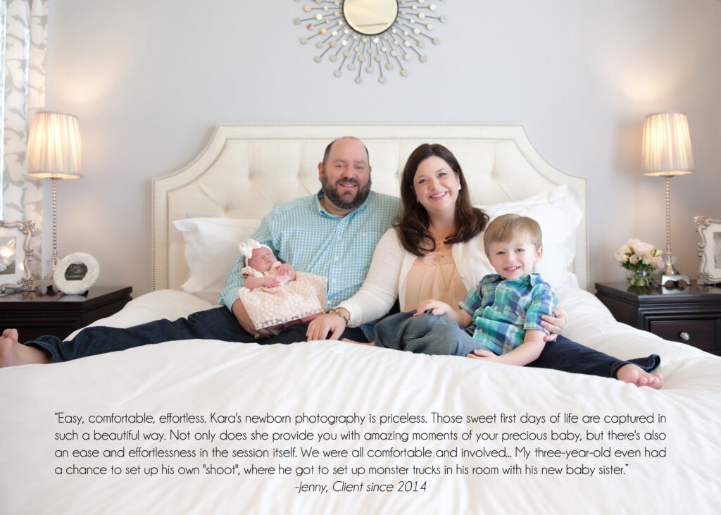 Two parents sit on a bed with their toddler and their newborn. Over the photo is a review that the parents wrote for their family photographer.