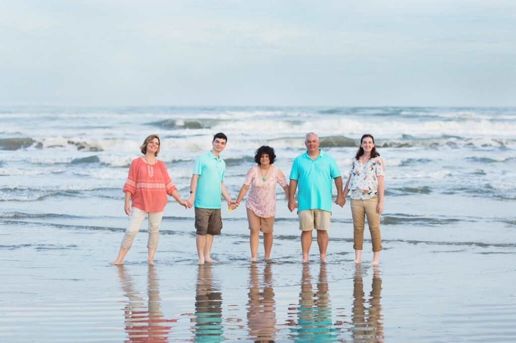 Family of five on Galveston island beach