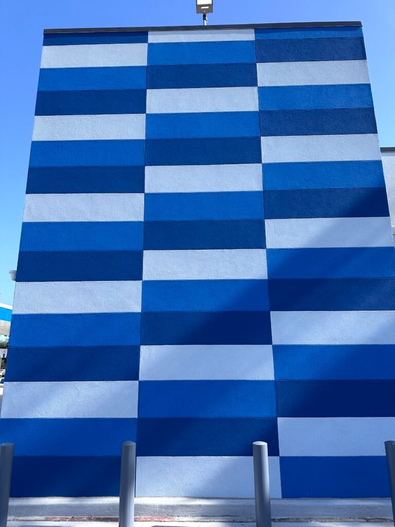 Blue color block wall in the Woodlands TX. Taken By Kara Powell Photography.